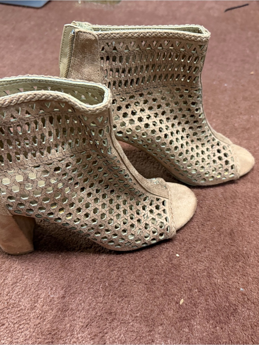 Report Taupe Suede Peep-Toe Cutout Heeled Booties